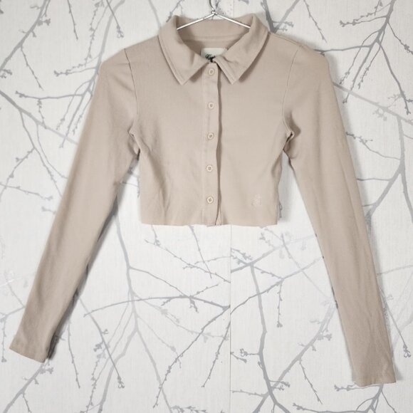 Kuwalla Montreal Beige Ribbed Knit Button Front Cropped Polo - Picture 1 of 5